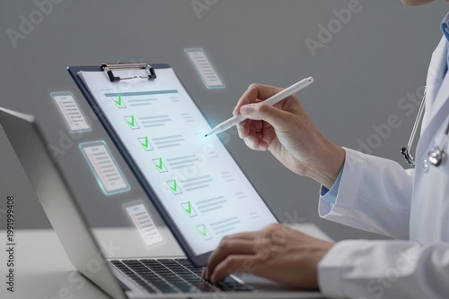 Doctor checks patient records on a laptop and clipboard in a medical office during the day