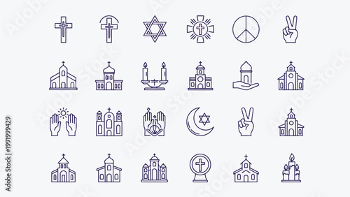 Collection of diverse religious and cultural symbols illustrated in a minimalist style