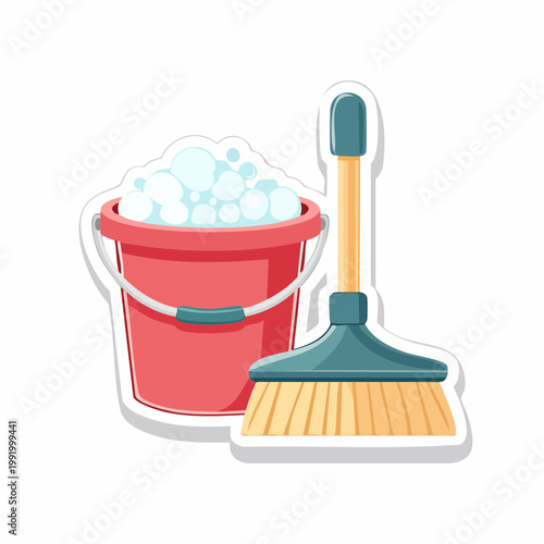 Bucket with Soap Suds and Broom
