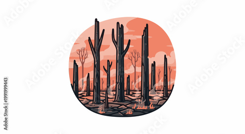 A desolate landscape depicting burnt trees under a hazy, orange sky with small fires