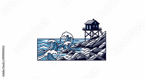 A dark, stilted house overlooks crashing blue waves hitting rocky shores