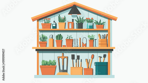 Illustration of a gardening shed with shelves filled with potted plants and gardening tools
