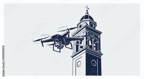 A dark-colored drone hovers near a tall, ornate tower with a domed top