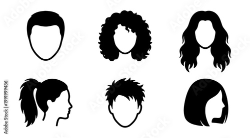 Minimalist hairstyle icons, black hair silhouette set, 6 avatar vector heads