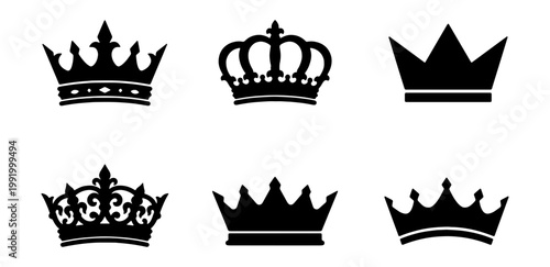 Royal crown silhouettes, 6 black king icons, queen tiara vector set