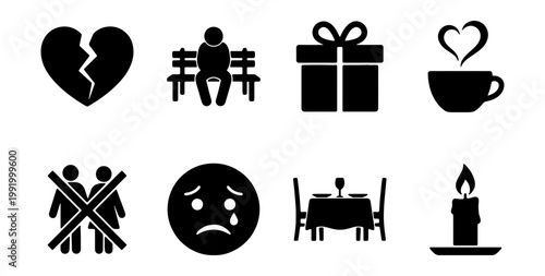 Sadness and Loneliness Icons, Broken Heart and Grief Vector Set, 8 Elements