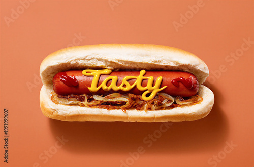 A freshly cooked hotdog in a bun with the word Tasty the text is written in thin mustard sauce from a nozzle in a script font, with fried onions