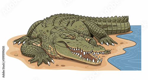 A detailed cartoon illustration of a large, green alligator resting on a sandy shore next to blue water