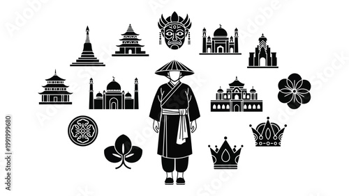 Traditional asian elements and cultural iconography in black and white design