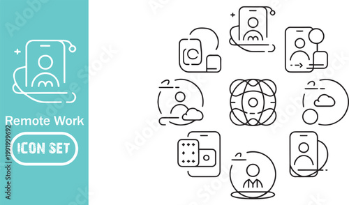 Remote Work and Digital Nomad Icon Set, Minimalist Line Vector Icons for Hybrid Office, Virtual Collaboration, Online Education, and Freelance Productivity