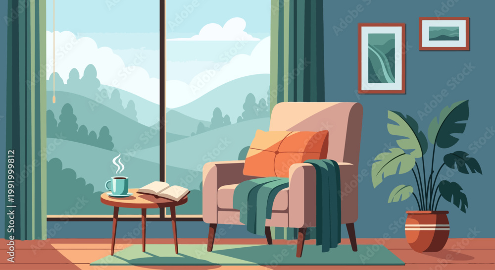 Obraz premium A serene interior scene with a cozy armchair overlooking hills during Mental Health Awareness Month