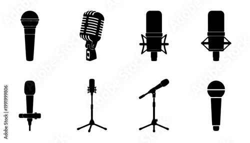 Vintage microphone silhouette icons, 8 podcast mic vector set, audio gear