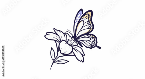 A delicate butterfly rests on a blooming flower with a simple outline and subtle color accents
