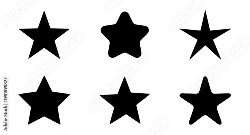 Black star icons set, 6 vector star shapes, rating and reward star symbols