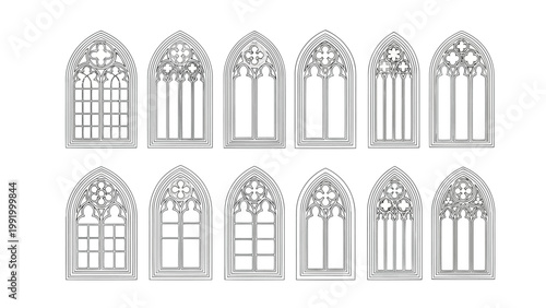 Architectural sketches of various window and door designs with decorative tree motifs