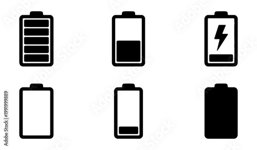 Battery charge level icons, power status indicator set, energy vector signs