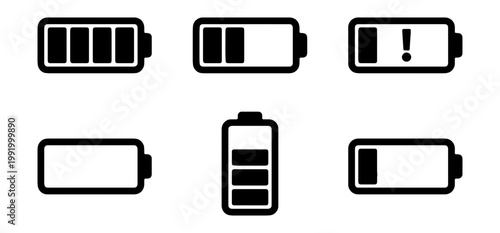 Battery status icon set, 6 black vector power level indicators, energy signs