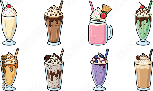 Milkshake cartoon vector collection with chocolate, strawberry and fruit shakes, creamy dessert drinks illustration set for cafe menu and beverage design