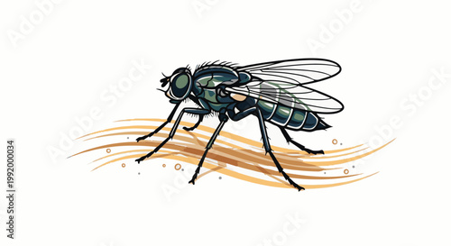 A detailed illustration of a green and black fly with large compound eyes and transparent wings