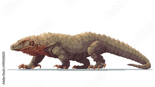 Detailed pixel art of a light colored Komodo dragon reptile.