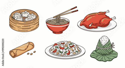 A collection of six distinct Asian dishes, featuring steamed dumplings, noodles, a roasted chicken, and rice dishes