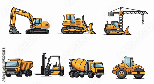 A collection of six yellow construction vehicles excavator, bulldozer, crane, dump truck, forklift, mixer, and roller