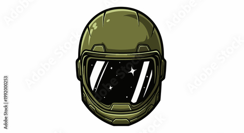 A detailed illustration of a futuristic olive green helmet with a reflective visor showing stars