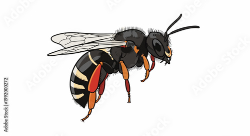 A detailed illustration of a solitary bee with black, yellow, and orange markings