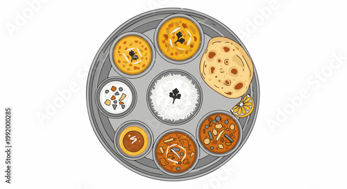 A detailed illustration of a round silver platter filled with various Indian dishes