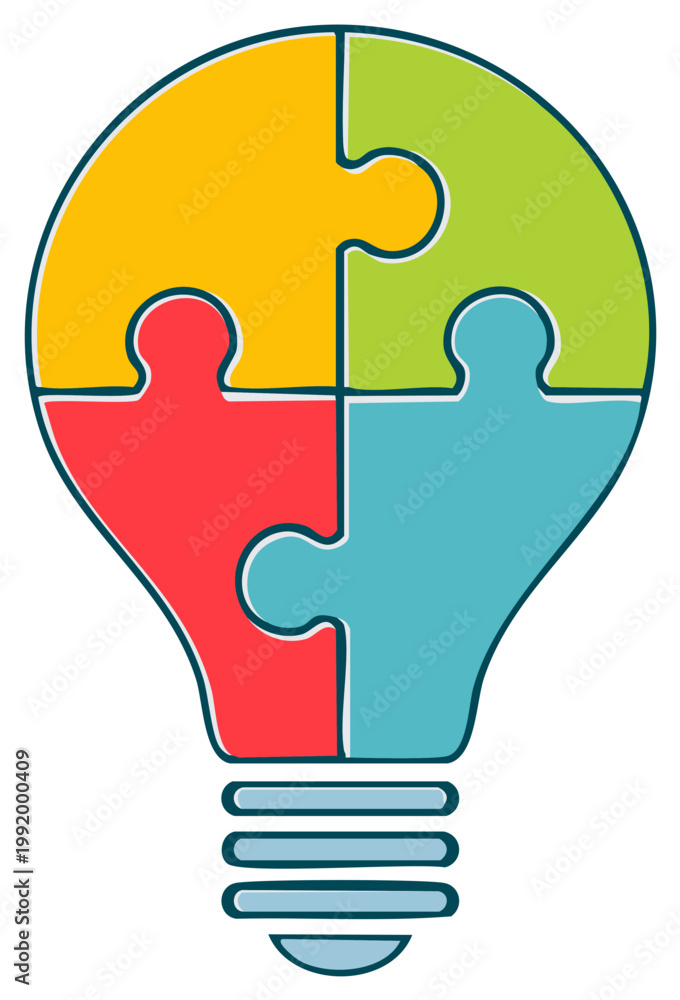 Fototapeta premium Lightbulb Idea from Puzzle Pieces, Teamwork and Solution Concept