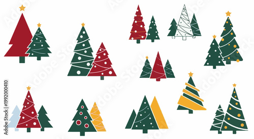 A collection of stylized, decorated Christmas trees in various arrangements and colors