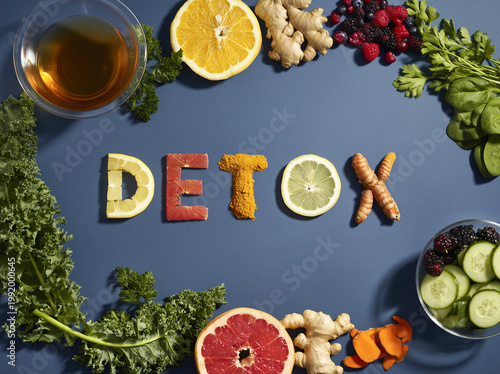 the word DETOX Showcaseing lemon, grapefruit, ginger, turmeric, lkale, spinach, berries, cucumbers, apple cider vinegar in a shallow glass dish, and herbs sat on a dusky blue