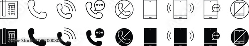 Collection of phone icon sets, communication and telephone call signs, outline and solid black vectors of smartphones, ringing phones and muted devices.