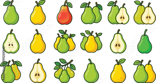 Pear fruit cartoon vector collection with whole, sliced and grouped pears, fresh organic food illustration set for healthy design and packaging