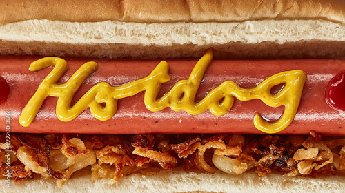 A freshly cooked hotdog in a bun with the word Hotdog the text is written in thin mustard sauce from a nozzle in a script font, with fried onions