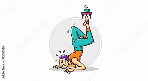 A determined person strains while balancing a coffee cup on a tiny table on their foot