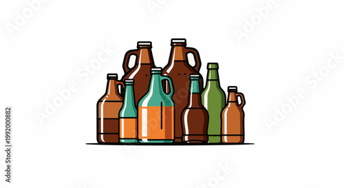 A collection of various bottles, some with handles, in brown, green, and teal colors, sit on a white background