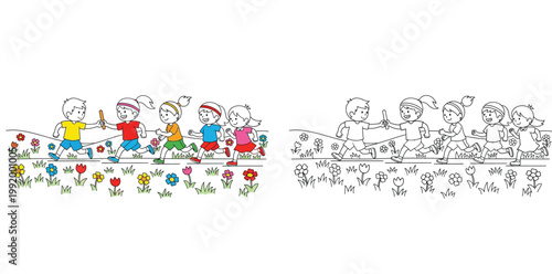 Kids Participating in Relay Race Sports Activity Cartoon Illustration and Coloring Page Set for Educational Fun