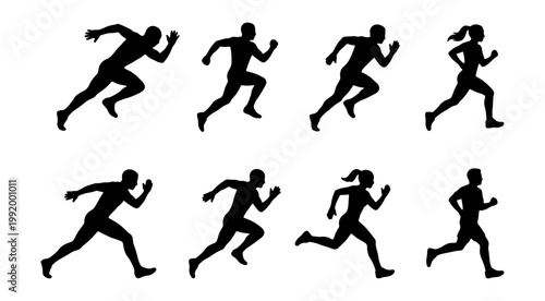 Running, jogging, sprinting, athletic, sport, fitness, silhouette, icons, set of 8
