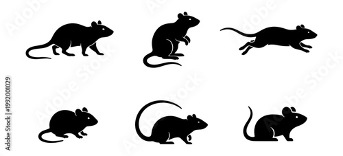 Black silhouette mouse icons, vector rodents, rat symbols, 6 pcs