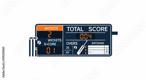 A digital display shows cricket scores 2 wickets, score 01, total 0.04, overs 25/40, batsman scores 2, 4, 1