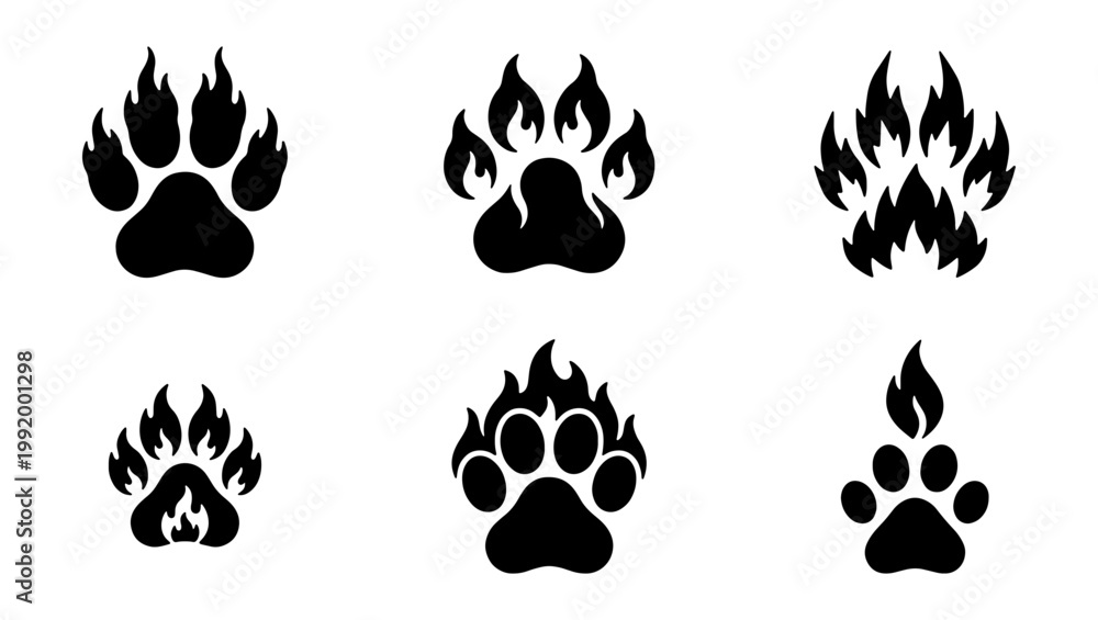 Obraz premium Flaming animal paw prints, burning footmarks, fire icons, black symbols, vector graphics