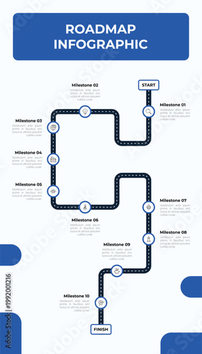 Corporate Vertical Roadmap Template with Icons and Ten Steps