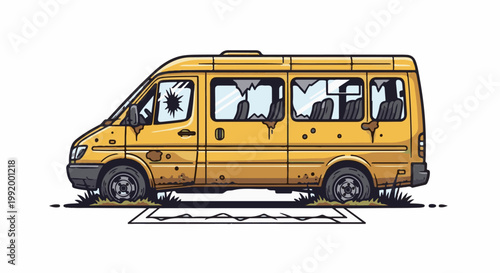 A dilapidated yellow van sits abandoned on a patch of grass, its windows shattered