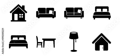 Furniture icons, home decor symbols, interior design elements, black silhouette set