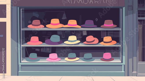 A shop window display showcasing colorful hats on shelves, a stylistic illustration in a muted color palette