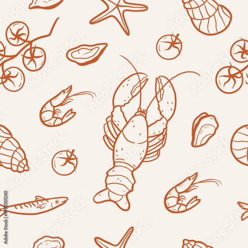 La dolce vita seafood seamless pattern with lobster, shrimp, fish, shells in line style. Hand drawn vector illustration for textiles, packaging, restaurant branding and summer designs.