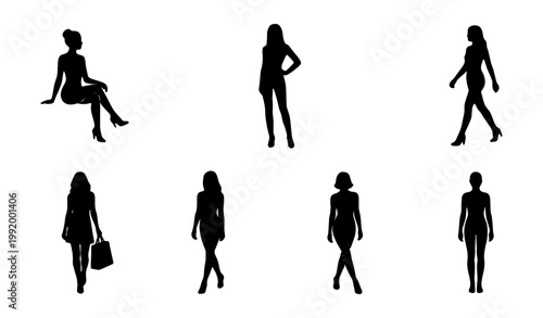 Black silhouettes, women icons, female figures, people set, vector graphics