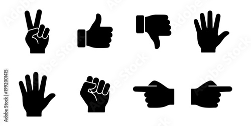 Hand gestures, thumbs up down, finger symbols, icon set, vector graphics