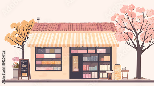 Pixelated illustration of a quaint shop with awning, two trees, and a sign